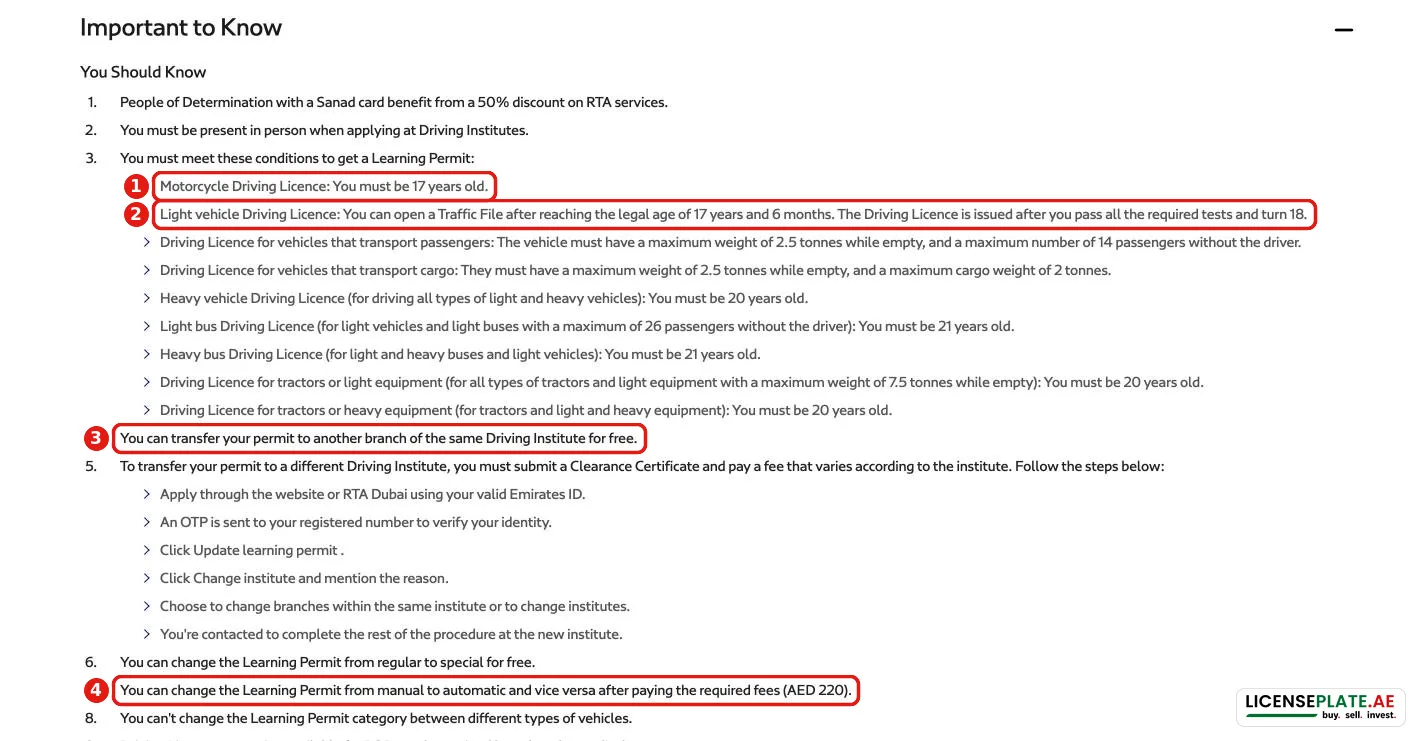 RTA age rules for a learning permit in Dubai: motorcycle 17, car traffic file from 17 years and 6 months, licence at 18