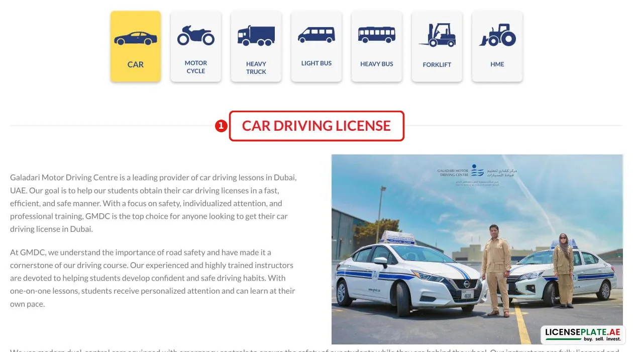 Galadari Motor Driving Centre car driving licence course page in Dubai