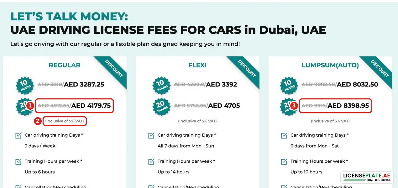 Excellence Driving car licence fees in Dubai: regular, flexi and lump-sum plans inclusive of VAT