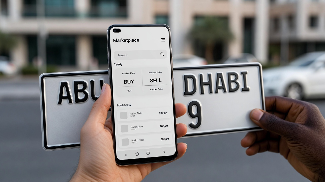 Abu Dhabi number plate marketplace on smartphone with buy and sell options