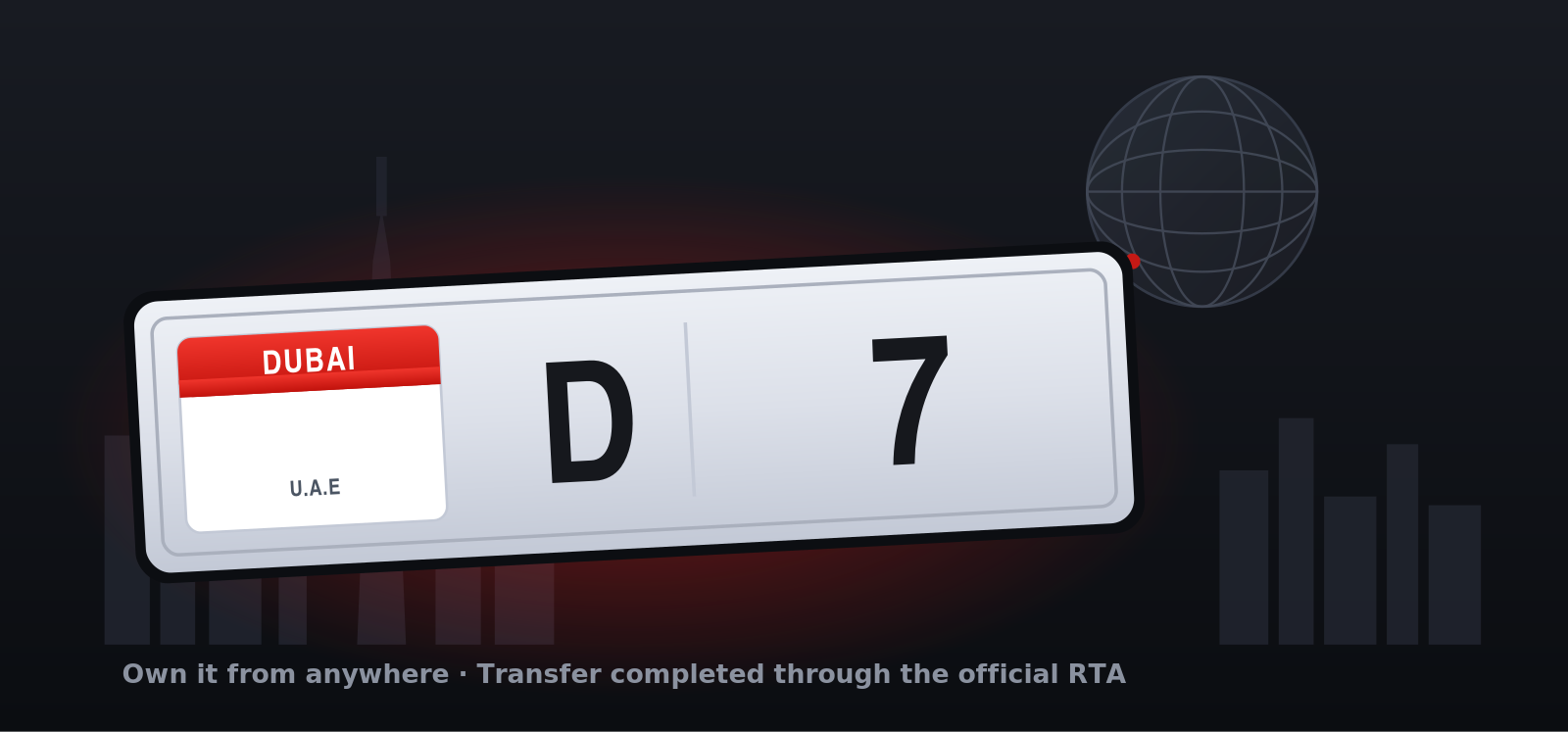 A premium Dubai number plate reading D 7 with a red DUBAI emirate badge, set against a Dubai skyline with a globe and a glowing red flight path, illustrating buying a UAE plate from abroad.