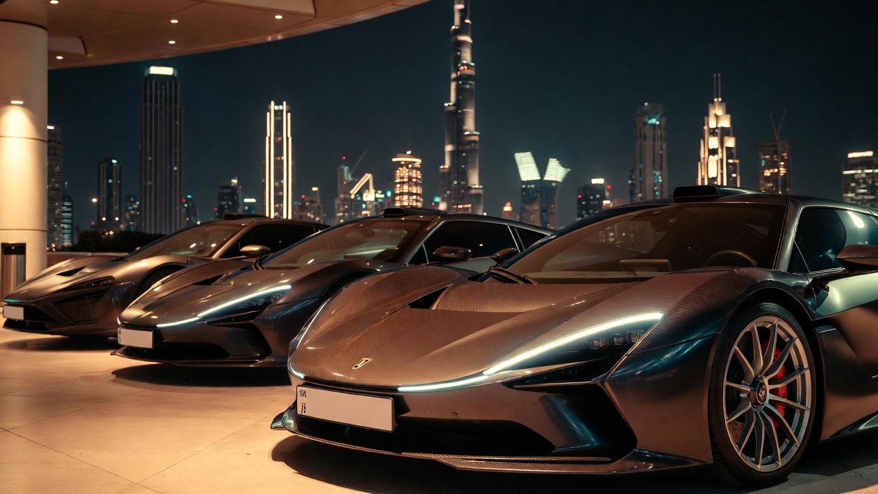 Three carbon-fiber hypercars lined up at a Dubai luxury valet at night, with the Burj Khalifa and Downtown skyline in the background.