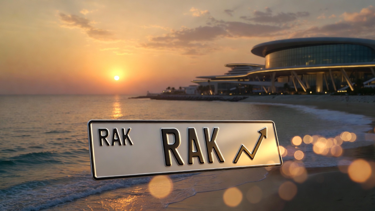 Ras Al Khaimah sunset beach with a modern luxury resort in the background and a “RAK” license plate graphic featuring an upward trend arrow in the foreground.