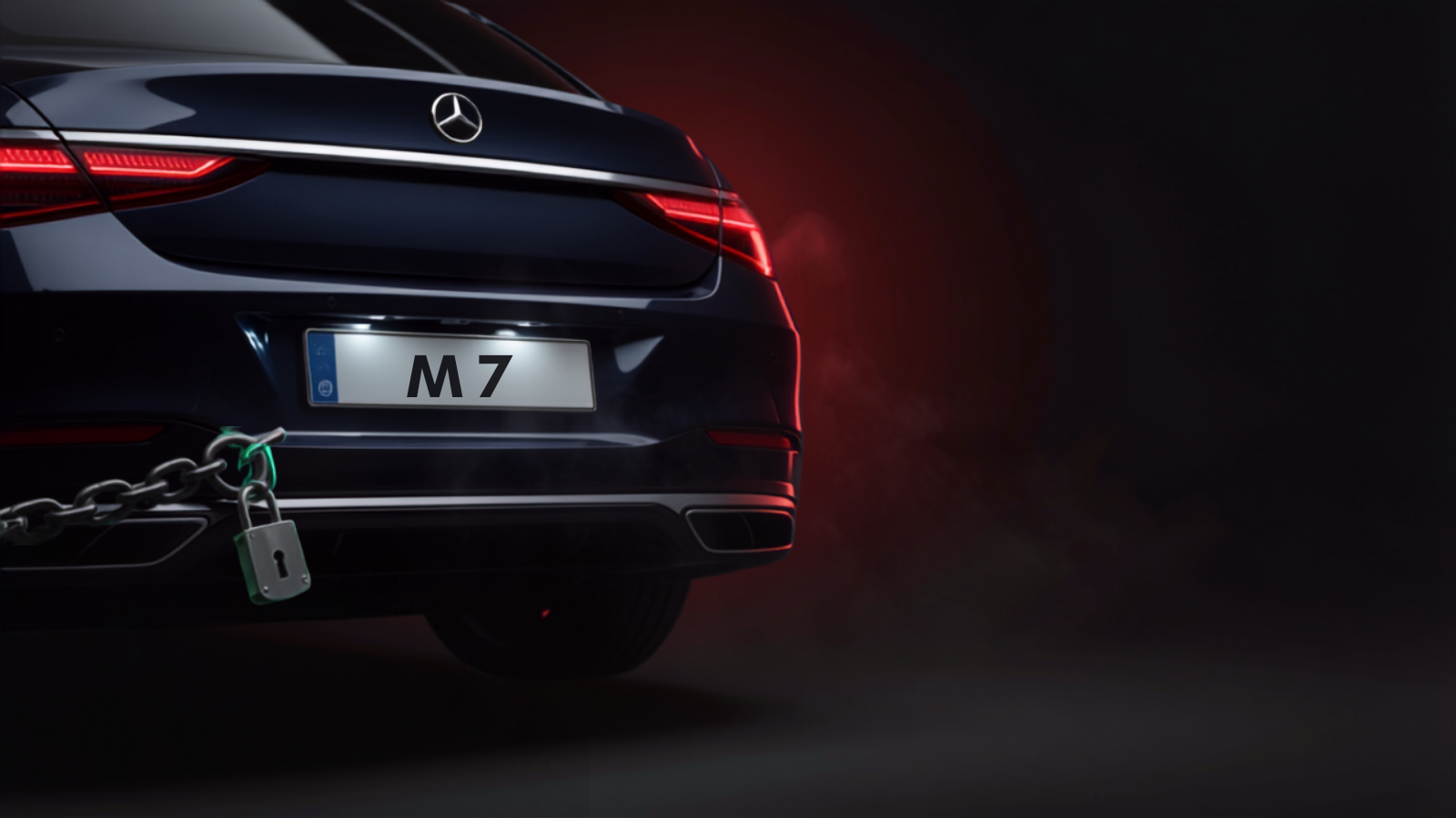 Dark luxury sedan in a garage with a legible white Dubai number plate reading M 7, a heavy chain and padlock across the bumper