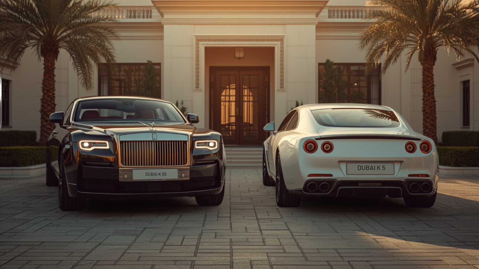 A black Rolls-Royce and a white sports coupe parked at a Dubai villa at golden hour, both wearing legible white Dubai number plates, illustrating a UAE number plate passed down within a family — LicensePlate.ae guide to transferring a plate to a family member