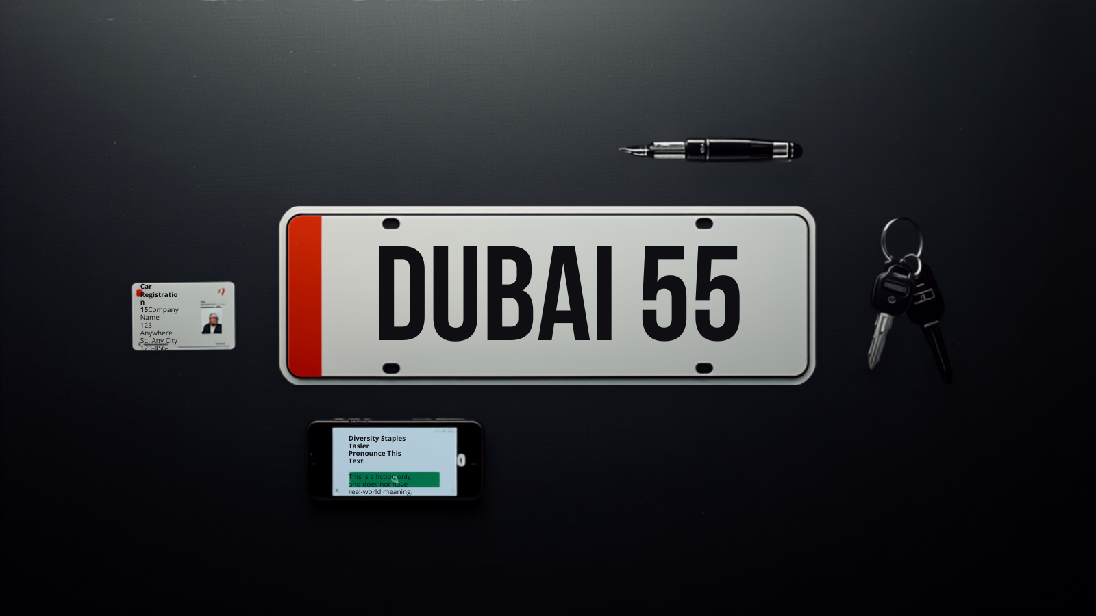 Top-down flat lay of the documents needed to transfer a UAE number plate to a family member: a white Dubai plate, two Emirates ID cards, a smartphone showing a vehicle transfer app, car keys and a bank NOC document, on a dark desk with red and green accents
