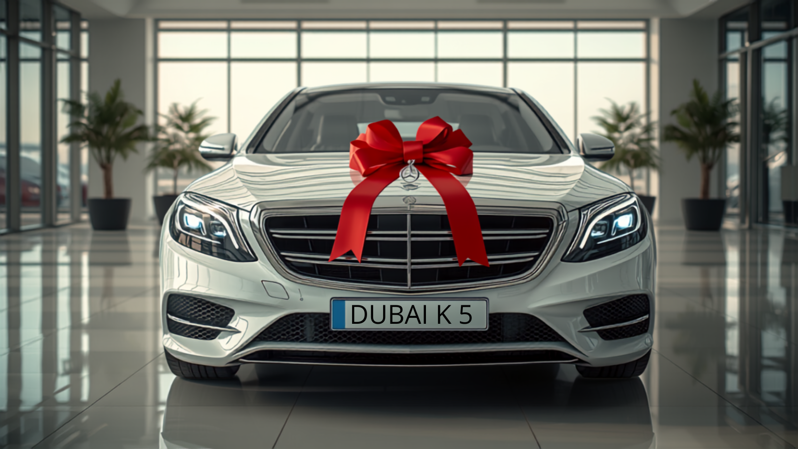 A luxury car in a bright Dubai showroom wearing a legible white Dubai number plate, finished with a large red gift ribbon and bow, symbolising gifting a number plate to a family member in the UAE