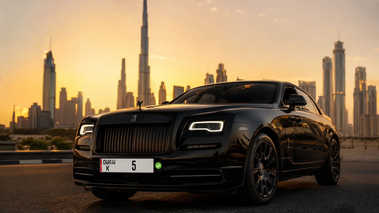 A single luxury car photographed at golden hour with the Burj Khalifa and Dubai skyline behind it, wearing a pristine legible white Dubai number plate with a small green verified tick, symbolising a UAE number plate legacy secured within a family