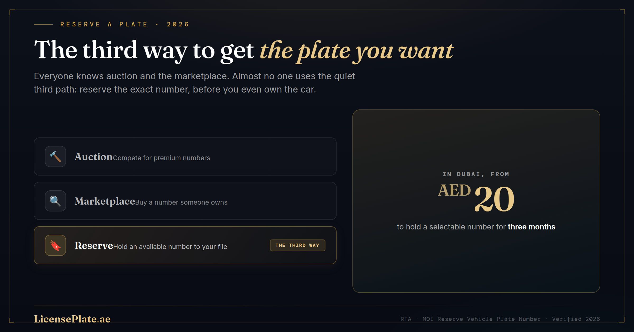 The three ways to get a UAE number plate, auction, marketplace, and reservation, with plate reservation highlighted as the third way, from AED 20 in Dubai.