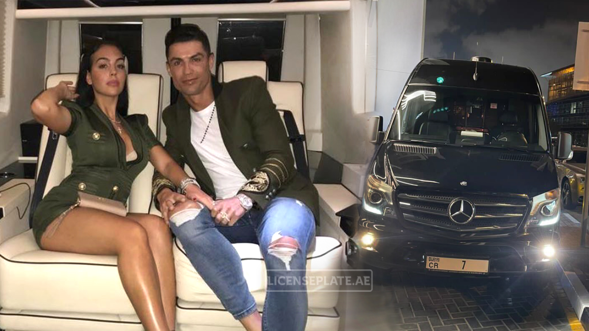 Black Mercedes van at night with Dubai license plate ‘CR 7’ (CR7), alongside a luxury private-jet cabin scene with a couple seated inside.