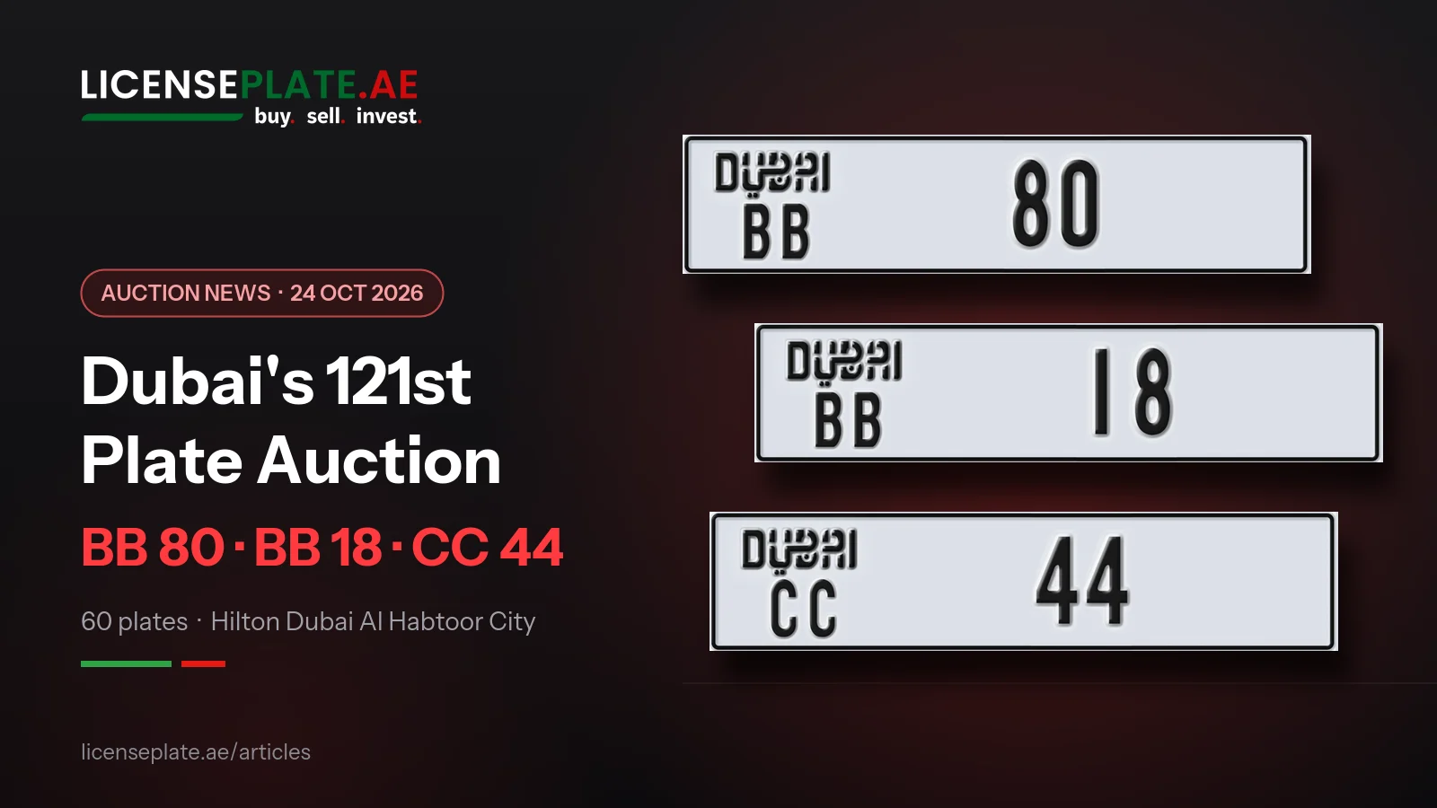 Dubai RTA 121st plate auction on 24 October 2026: plates BB 80, BB 18 and CC 44