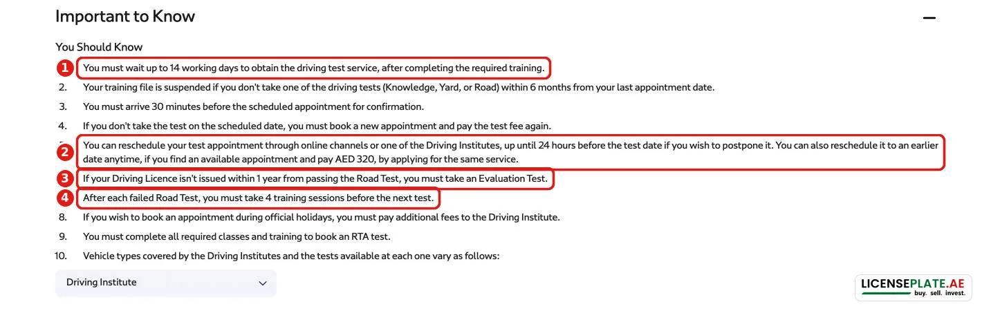 RTA road test rules: wait up to 14 working days, 4 training sessions after a failed road test, evaluation test if the licence is not issued within a year