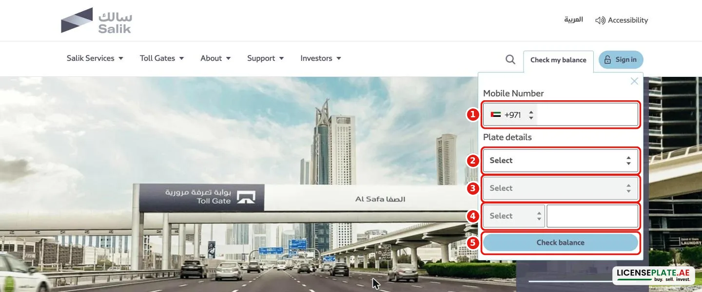 Salik balance check by plate number on salik.ae: mobile number, emirate, plate category, plate code and plate number