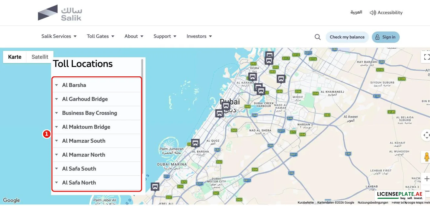 Map of all 10 Salik toll gates in Dubai on salik.ae