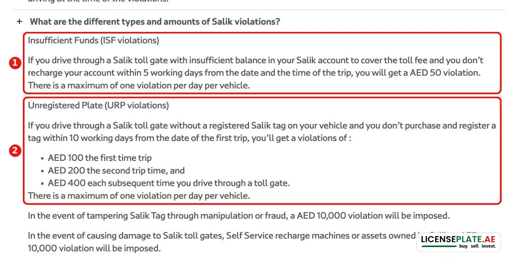 Salik violations: AED 50 for insufficient balance after 5 working days, AED 100, 200 and 400 for an unregistered tag after 10 working days