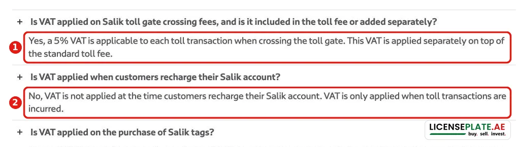 Salik FAQ on VAT: 5 percent VAT on each toll crossing, no VAT on recharge