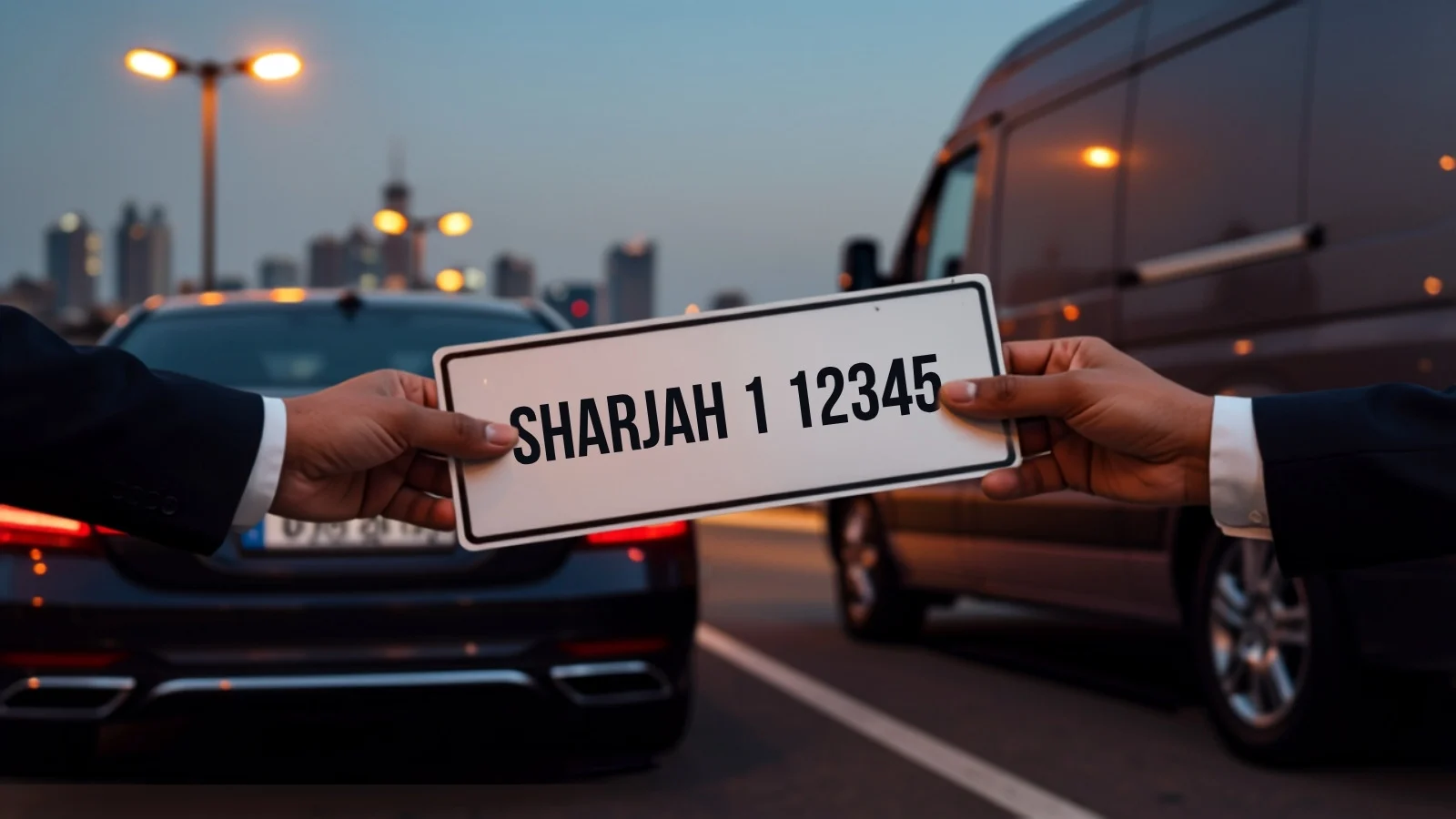 شخصان يتبادلان لوحة مركبة إماراتية بيضاء كُتب عليها SHARJAH 1 12345 عند الغسق، وسيارة داكنة من جهة ومركبة توصيل من الجهة الأخرى — دليل LicensePlate.ae إلى خدمة استلام اللوحات من شرطة الشارقة مع noon