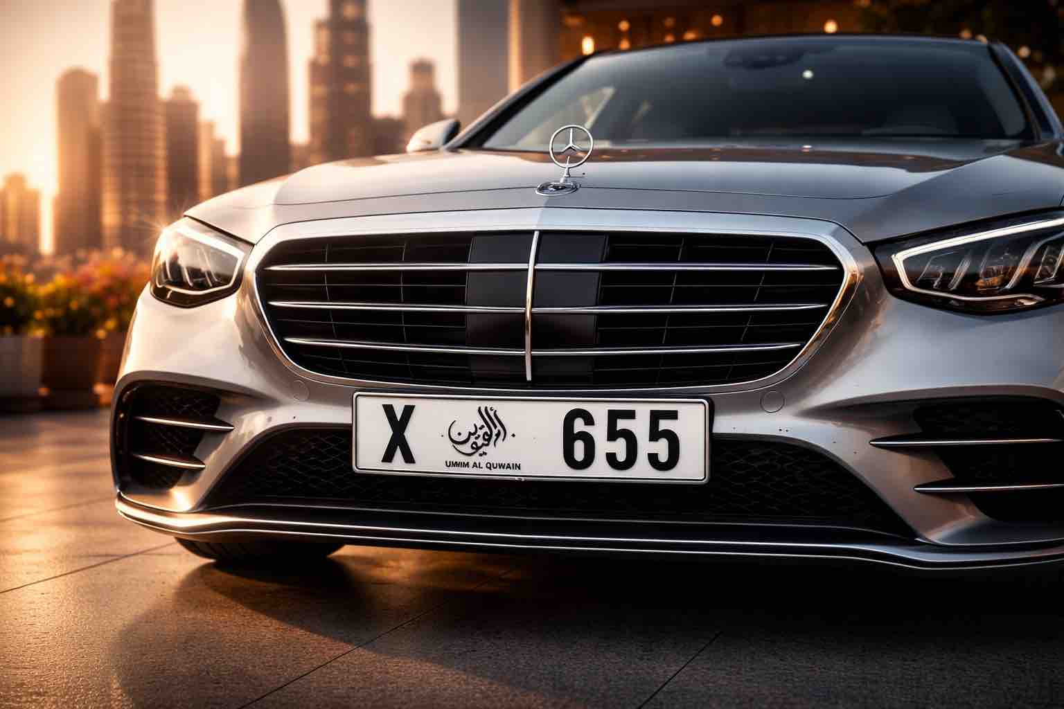 Front view of a silver Mercedes-Benz S-Class luxury sedan with Umm Al Quwain UAE license plate X 655, photographed at golden hour in a premium Dubai showroom,