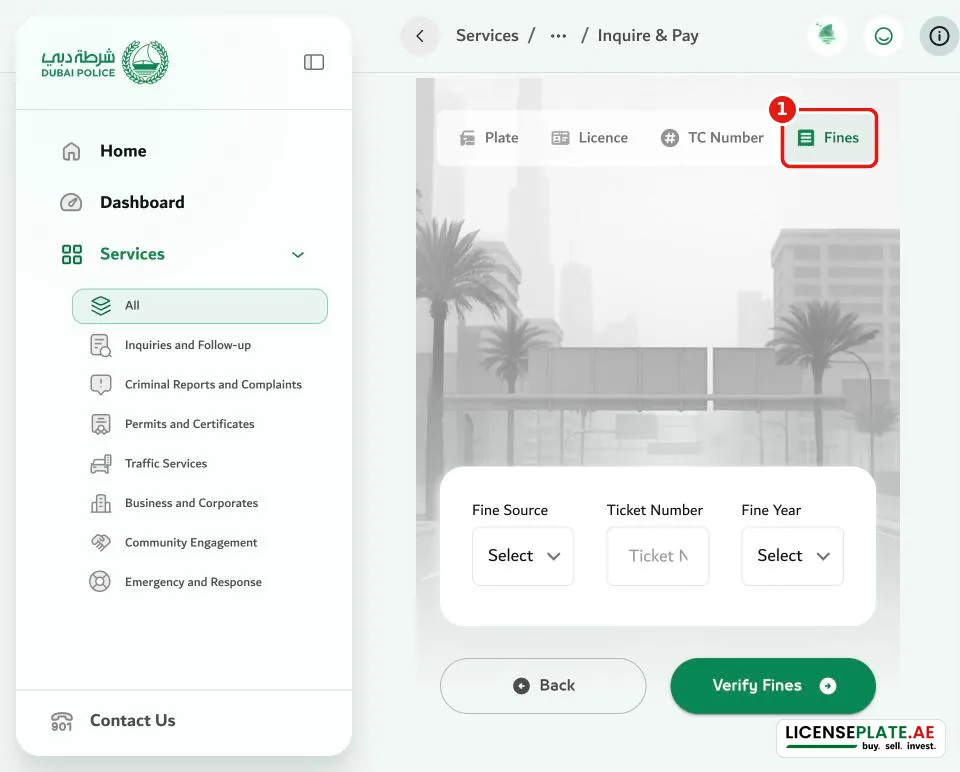 Dubai Police fine check by ticket number, fine source and year