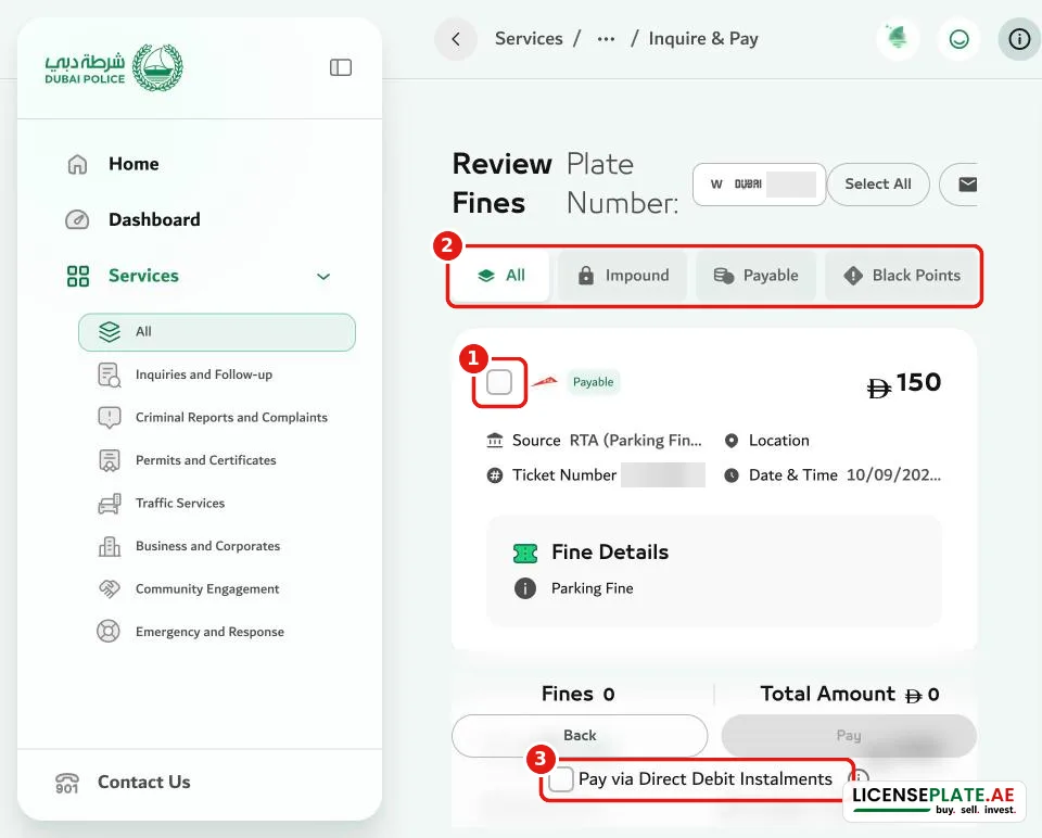 Dubai Police Review Fines page with a payable RTA parking fine