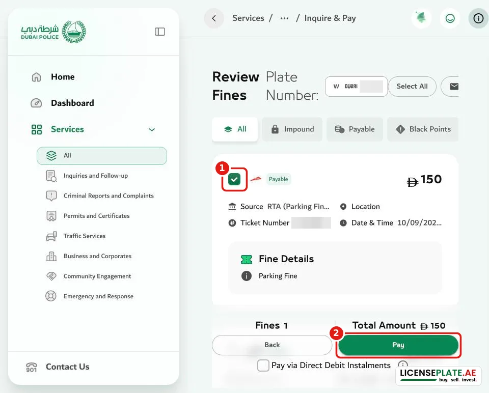 Dubai Police: fine selected, total amount shown, Pay button active