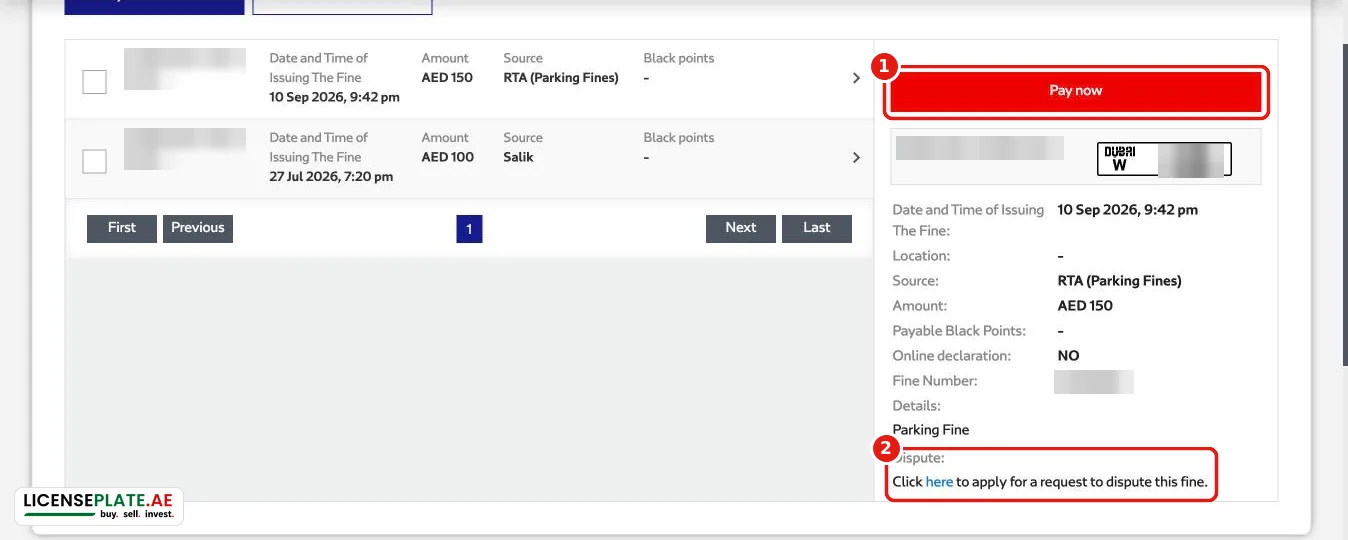 RTA fine details panel with Pay now and dispute link