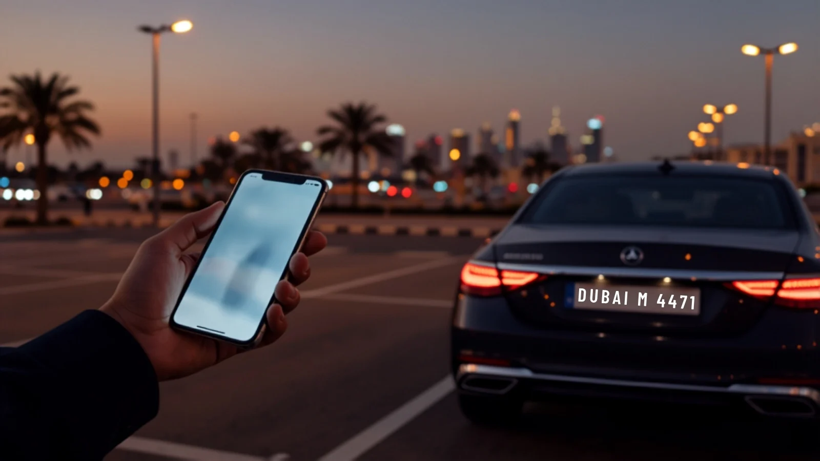 يد تمسك هاتفًا ذكيًا عند الغسق في موقف سيارات في دبي، وخلفها سيارة فاخرة داكنة تحمل لوحة كُتب عليها DUBAI M 4471 — دليل LicensePlate.ae إلى متى يصبح اتفاق WhatsApp عقدًا مُلزِمًا لبيع لوحة في الإمارات