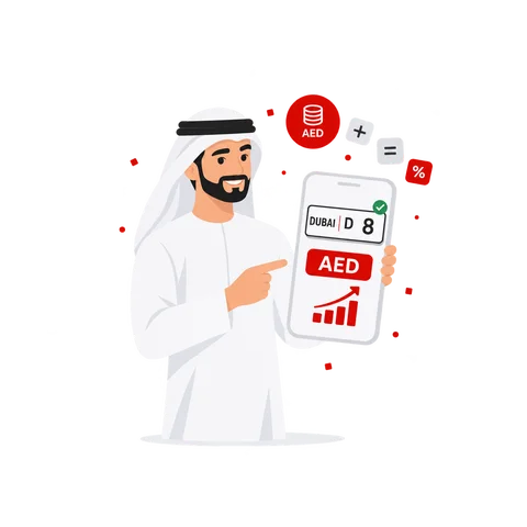 Emirati man checking the value of a Dubai number plate with the LicensePlate.ae plate value calculator